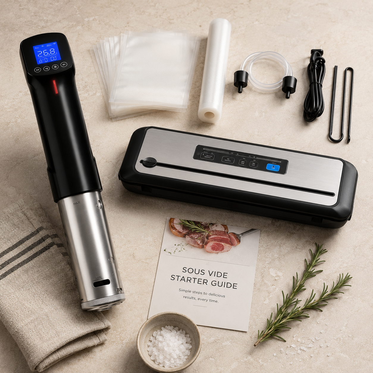 Complete Sous Vide Starter Bundle with cooker, vacuum sealer, bags, guide, and accessories