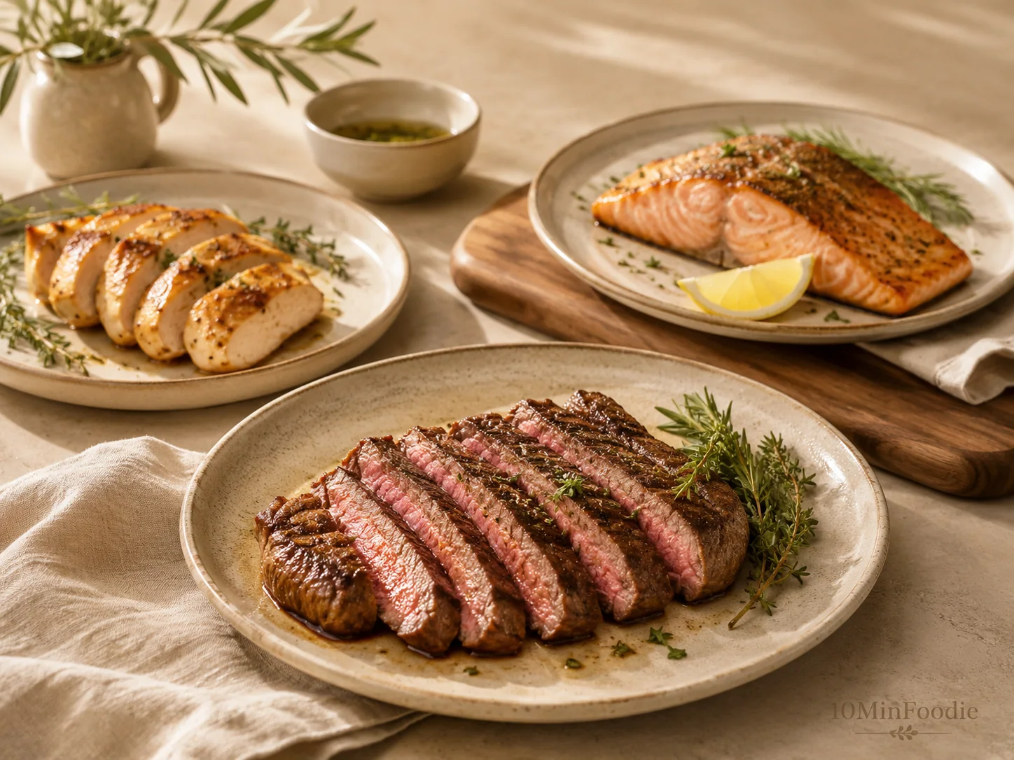 Sous vide steak, chicken, and salmon served at home