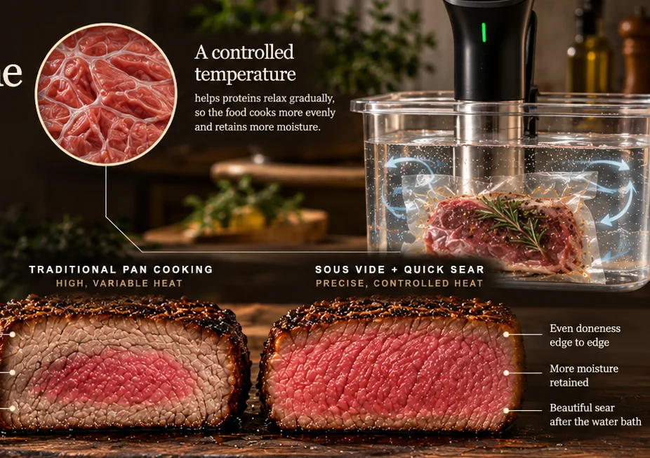 Illustrated cooking science comparison showing heat gradients in pan cooking, more even doneness with sous vide, and a controlled circulating water bath