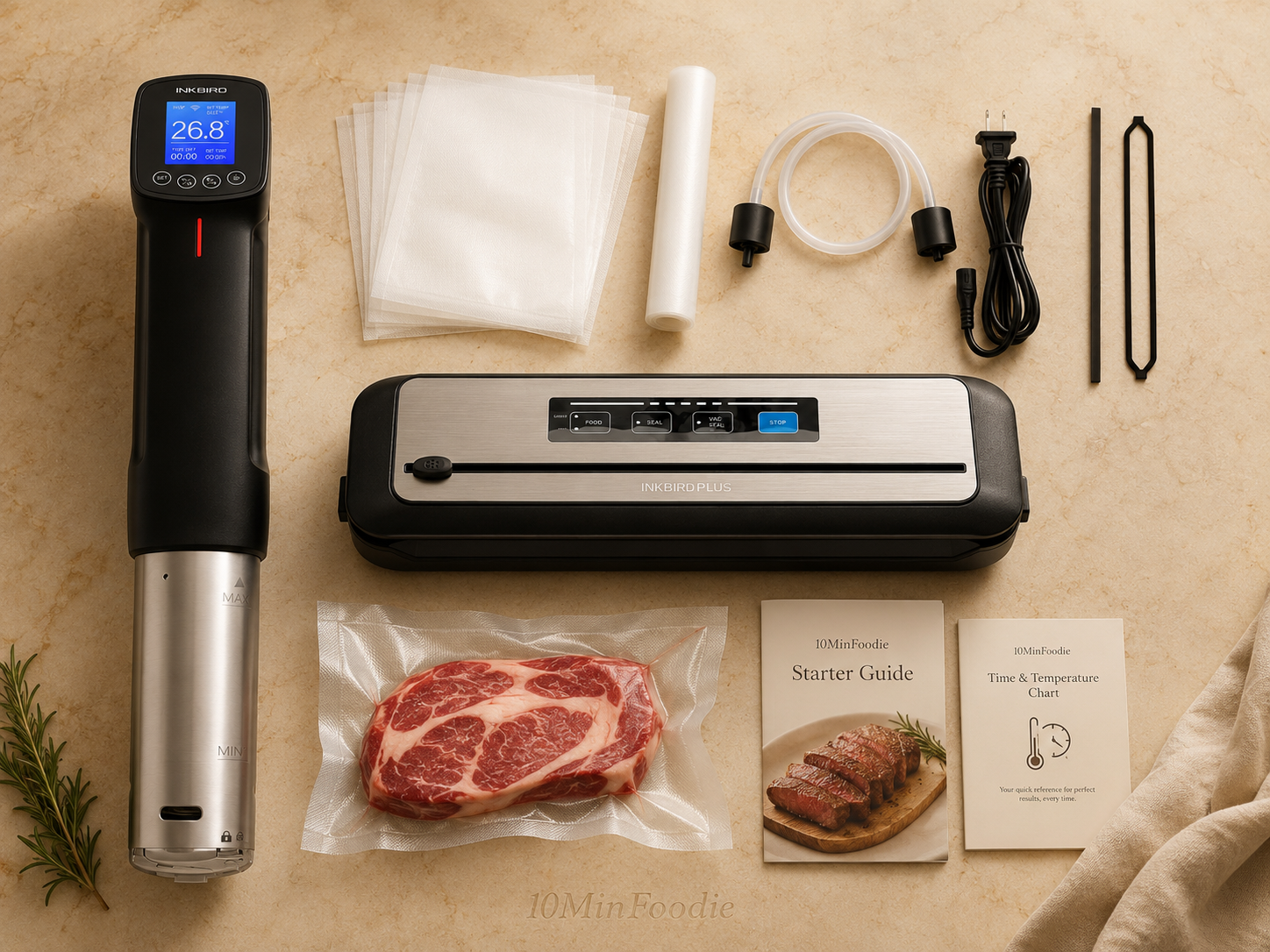 Complete Sous Vide Starter Bundle with cooker, vacuum sealer, bags, thermometer, and guide