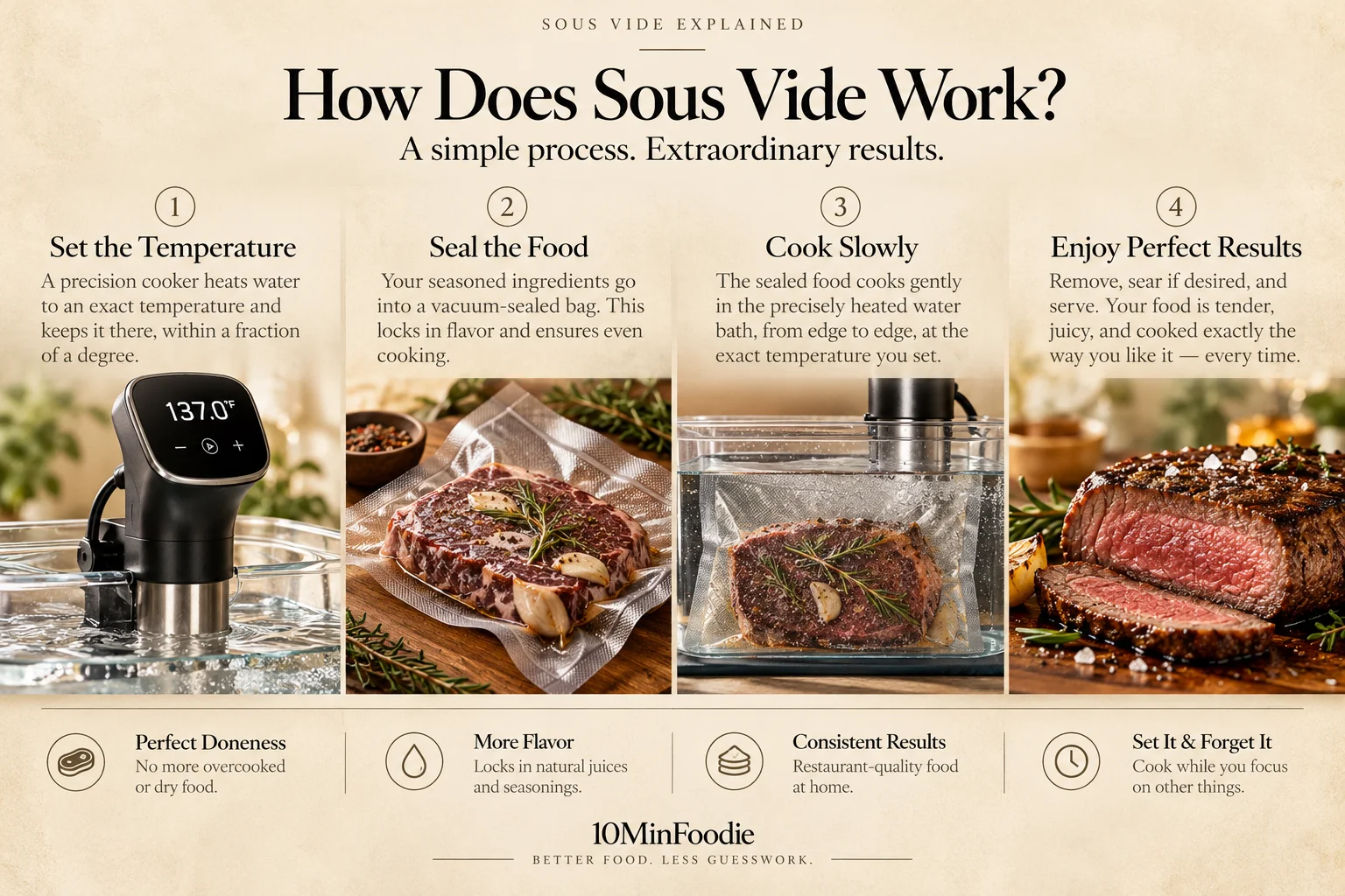 Illustrated four-step overview: set temperature, bag food, cook in a controlled water bath, then finish and serve.