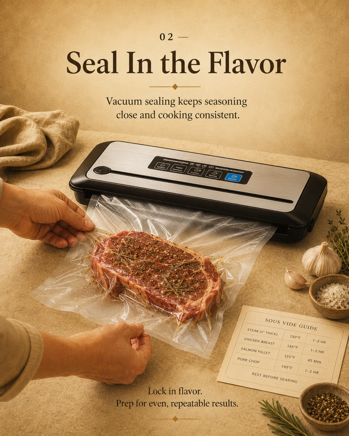 Step 2: Seal in the flavor with a vacuum sealer for consistent sous vide cooking