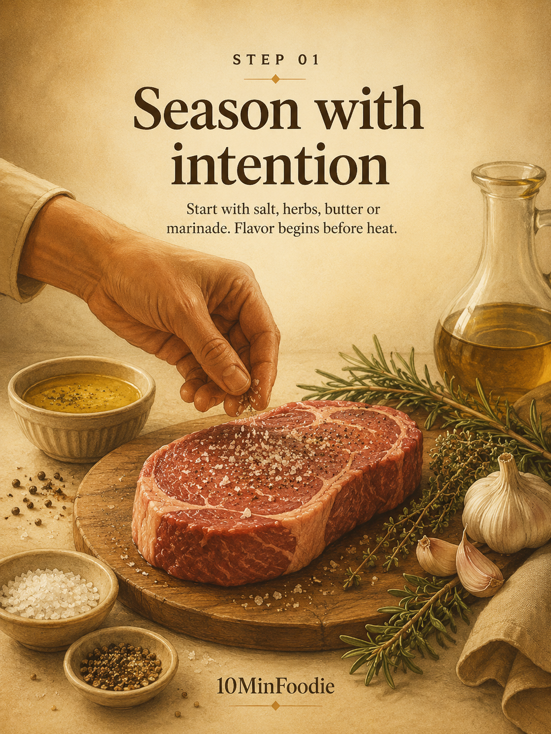 Step 1: Season with intention using salt, herbs, butter, and marinade before sous vide cooking