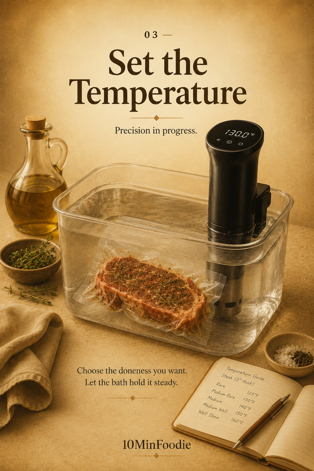 Step 3: Set the precise sous vide temperature and let the water bath hold it steady