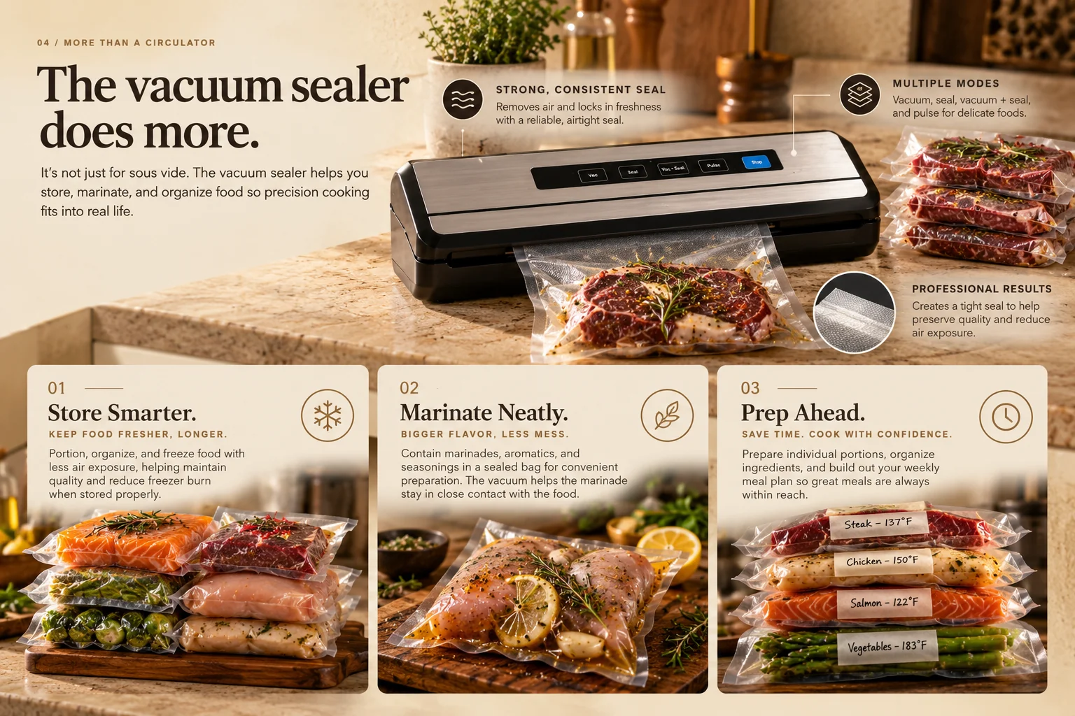 Educational graphic featuring an unbranded vacuum sealer and three uses: storing food, marinating neatly, and preparing portions ahead