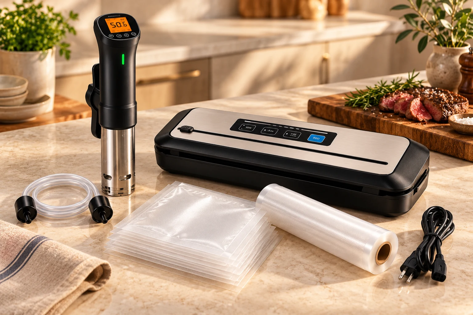Sous-vide precision cooker, vacuum sealer and included sealing supplies