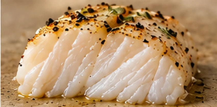 Just-set cod showing moist, broad flakes