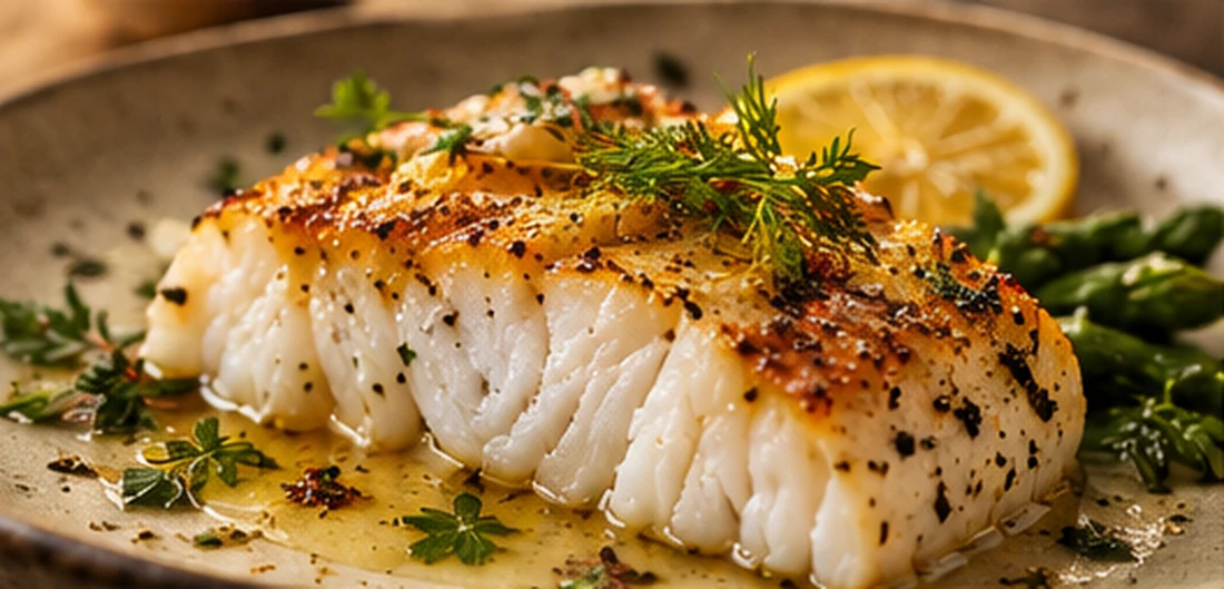 Finished herb-butter cod on a ceramic plate with citrus