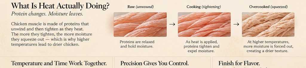 Editorial illustration explaining how heat changes chicken texture