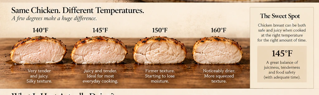 Visual comparison of chicken breast cooked at different temperatures
