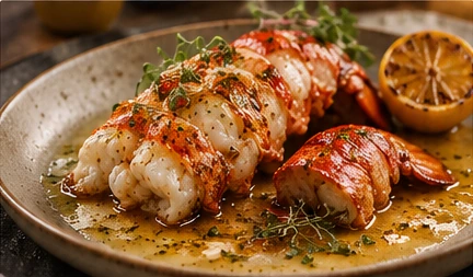 Finished lobster tail with butter and herbs on a ceramic plate